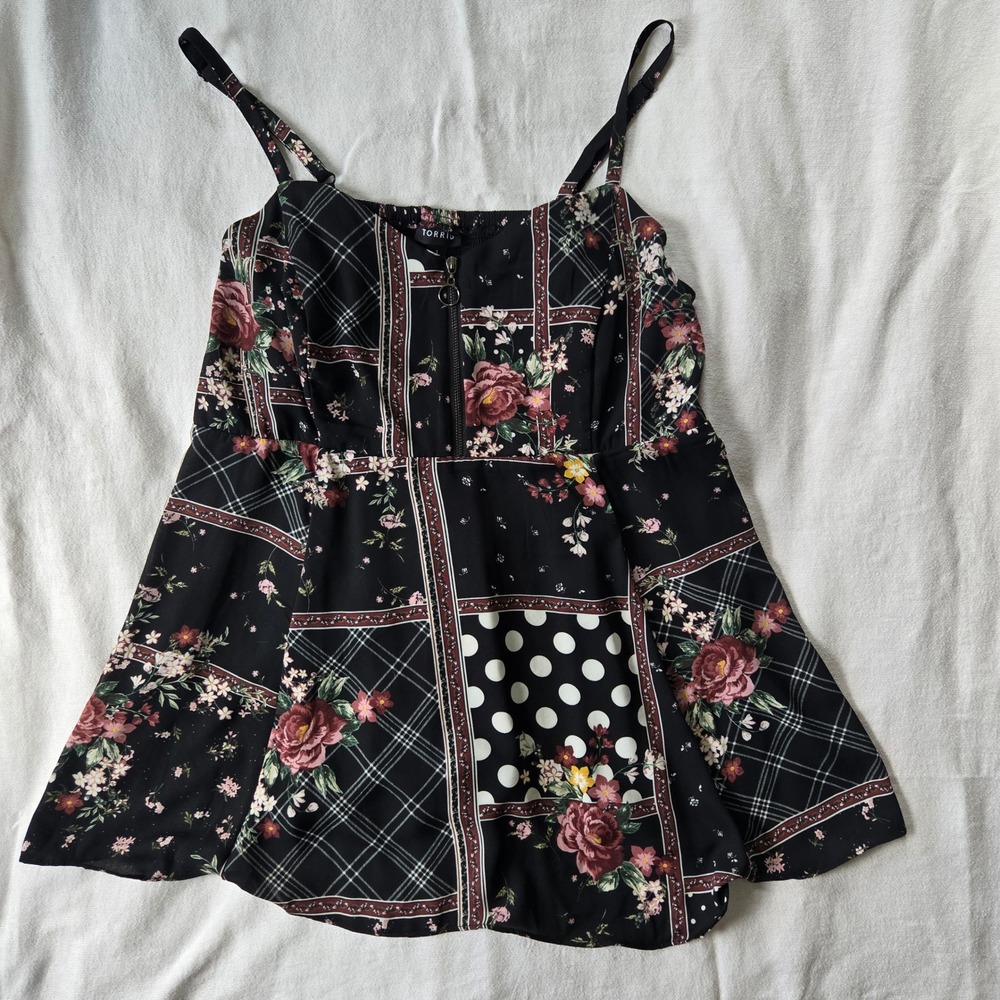 Dark Fairy Whimsical Patchwork Zippered Smocked Tank Top Size 1 Black Edgy